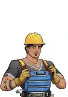 a man wearing a hard hat is holding a tool box