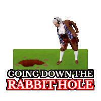 a man in a suit is pointing at a hole that says going down the rabbithole