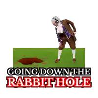 a man in a suit is pointing at a hole that says going down the rabbithole