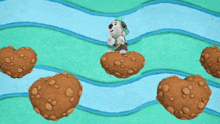 a cartoon of a dog standing on a rock surrounded by hearts