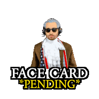 a man in a suit with a scarf around his neck is behind a sign that says face card pending
