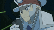 a cartoon character is holding a microphone with a green laser behind him