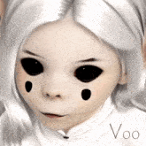 a drawing of a girl with black eyes and the word voo below it