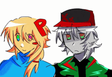 a drawing of a girl with the letter p on her head next to a man