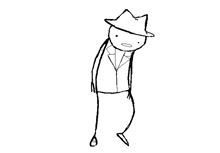 a black and white drawing of a man wearing a hat and jacket