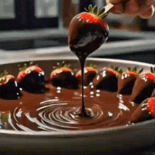 a person is dipping strawberries in chocolate in a pan .