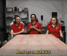 three people sitting at a table with the words " and as a bonus " on the bottom