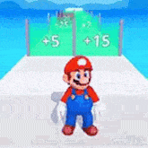 mario is standing on a dock in a video game with a score of 15 .