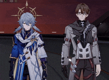 two anime characters are standing next to each other with the letters l and m visible