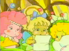 a cartoon drawing of three little girls one of which is reading a piece of paper