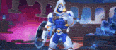 a man in a superhero costume is holding a sword and shield in a video game .