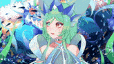 a drawing of a girl with green hair and a crown on her head