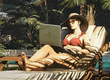 a woman in a bikini sits in a chair with an hp laptop