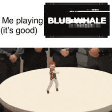 a cartoon character is standing on a round table in front of a screen that says blue whale .