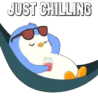 a penguin wearing sunglasses is laying in a hammock with the words just chilling above him