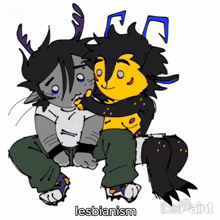 a drawing of two cartoon characters with the word lesbianism on the bottom right