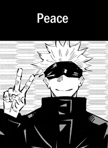 a black and white drawing of a man making a peace sign