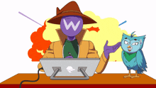 a cartoon of a man and an owl with the letter w on their face