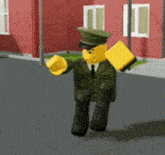 a lego man in a military uniform is holding a book