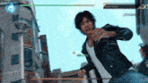a video game screen shows a man in a black jacket defending himself against an opponent