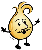 a cartoon drawing of an onion with a face and arms and legs