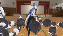 a man in a blue cape is surrounded by black and white balls