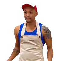 a man wearing a blue tank top and an apron with the name jomar on it