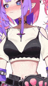 a girl with purple hair is wearing a bra