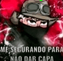 a cartoon character wearing a helmet and goggles with a red background .