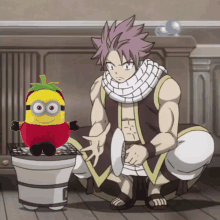 a cartoon of a man and a stuffed minion sitting next to each other