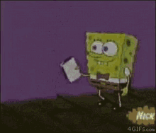 a cartoon of spongebob squarepants holding a knife with a nick logo in the corner