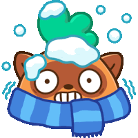a cartoon drawing of a cat wearing a scarf and a hat with snow on it