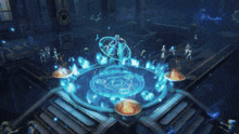a character in a video game is surrounded by blue circles and fire