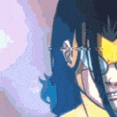 a close up of a person 's face with glasses and a blue background