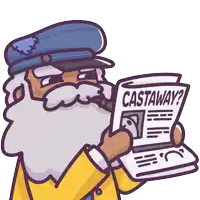 a man with a beard is reading a newspaper that says castaway