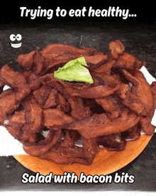 a plate of bacon with a lettuce leaf on top and the words salad with bacon bits below it