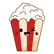 a red and white striped container of popcorn with a smiling face on it