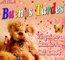 a teddy bear sits on a pink blanket with the words buenas tardes above it