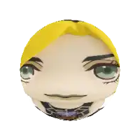 a cartoon character with yellow hair and green eyes looks at the camera