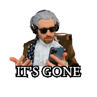 a man wearing headphones and sunglasses holds a cell phone with the words it 's gone below him