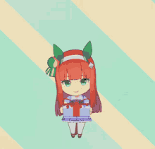 a cartoon girl is holding a gift box with a music note above her head