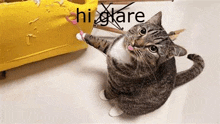 a cat is sticking its tongue out while playing with a toy on a table .
