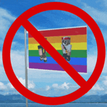 a rainbow flag is behind a red circle with a minecraft character in it