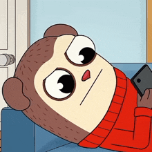 a cartoon of a monkey laying on a couch looking at a phone