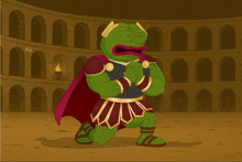 a cartoon of a green frog dressed as a roman soldier with the number 42 on the bottom right
