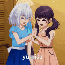 two anime girls are standing next to each other and the word yumisa is on the bottom
