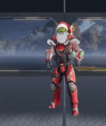 a man in a santa suit is flying through the air with his arms outstretched