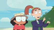 two cartoon characters standing next to each other with one wearing braces
