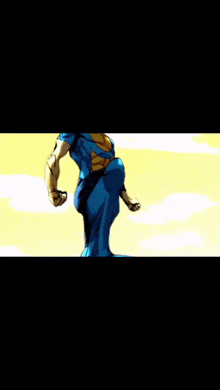 a cartoon of a man in a blue and yellow superhero costume