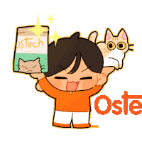 a cartoon drawing of a person holding a bag of otech cat food